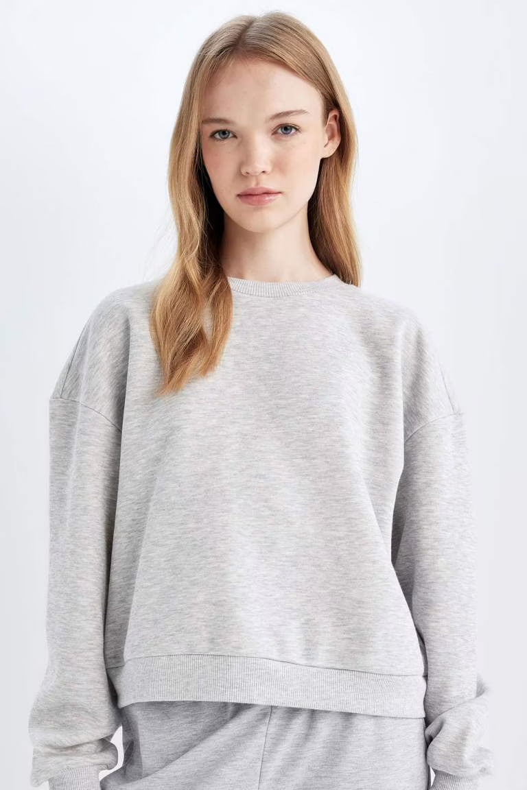 Regular Fit Crew Neck Thick Basic Sweatshirt - - Heather