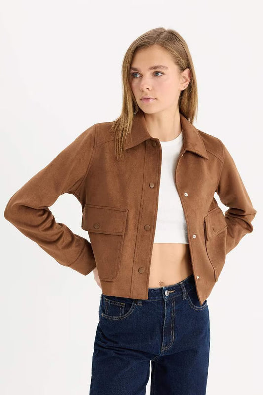Regular Fit Polo Neck Suede Jacket - - Brown