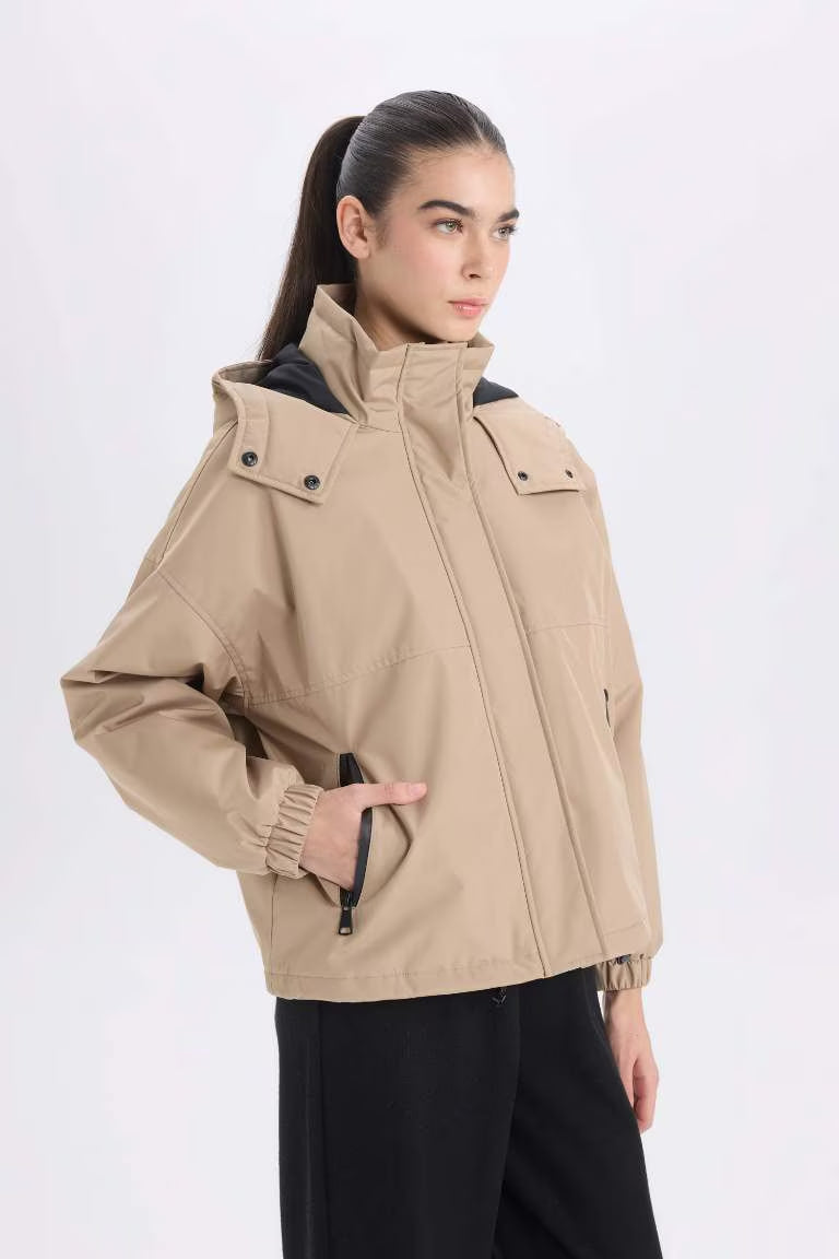 Hooded Zippered Snap Pocket Waterproof Jacket - -