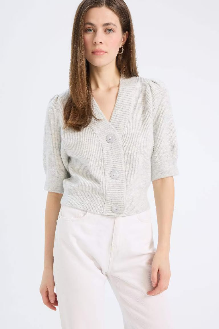 Slim Fit V-Neck Knitwear Cardigan - - Heather