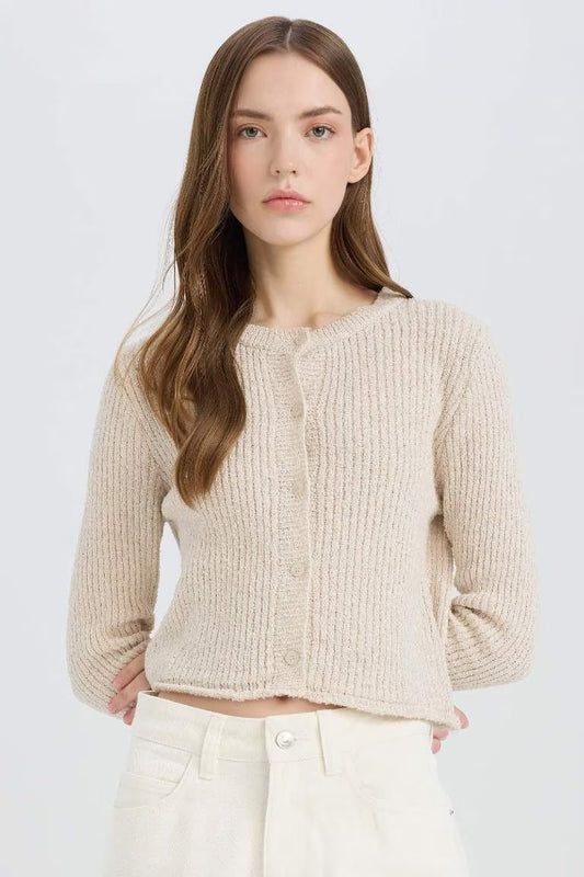 Slim Fit Crew Neck Buttoned Knit Cardigan - - Beige