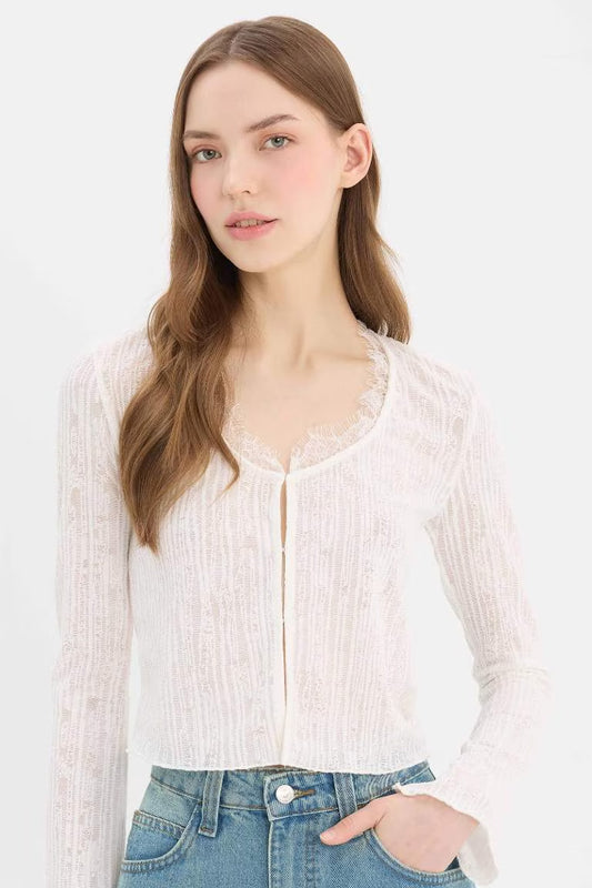 Slim Fit V-Neck Lace Cardigan - - White