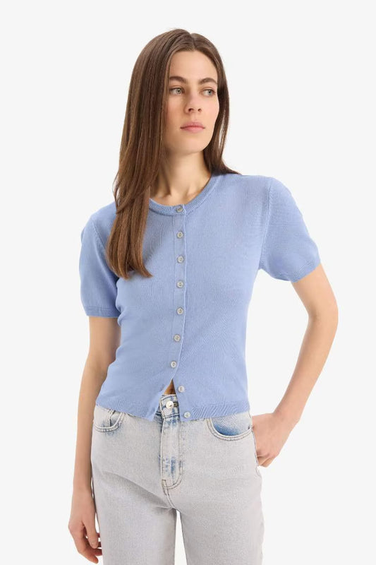 Regular Fit Crew Neck Basic Knitted Cardigan - - sky