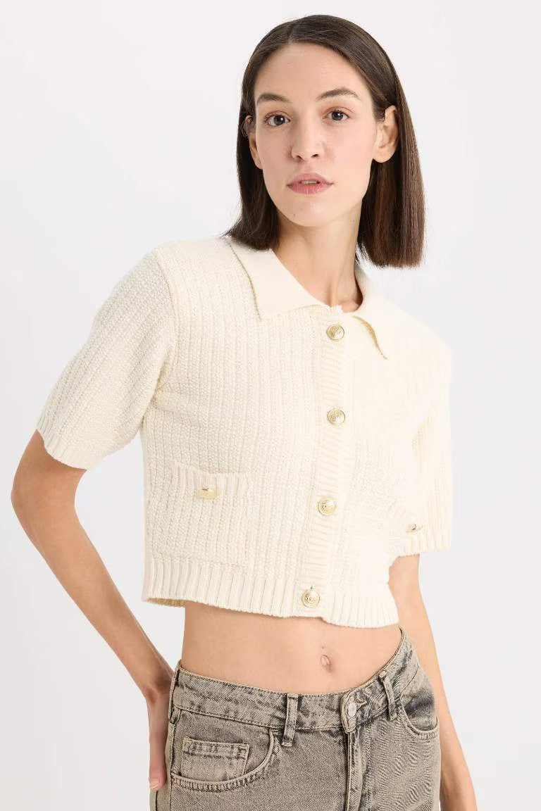 Crop Shirt Collar Cardigan - - Ecru