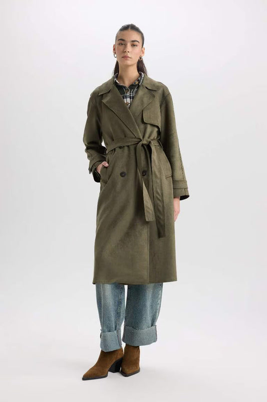 Regular Fit Suede Trenchcoat - - Dark khaki