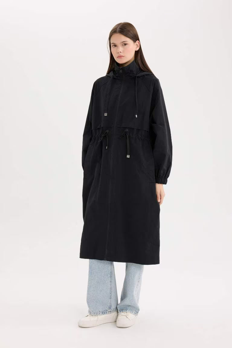 Hooded Zipper Closure Pocket Drawstring Waist Long Waterproof Raincoat - - Black