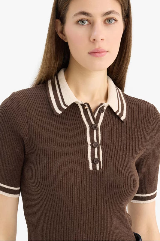 Regular Fit Polo Collar Ribana Pullover - - Brown