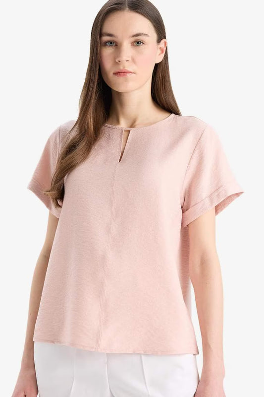Regular Fit Round Collar Short Sleeve Blouse - - Pink