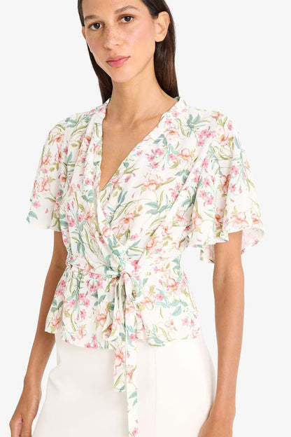 Slim Fit V-Neck Floral Short Sleeve Blouse - - Floral