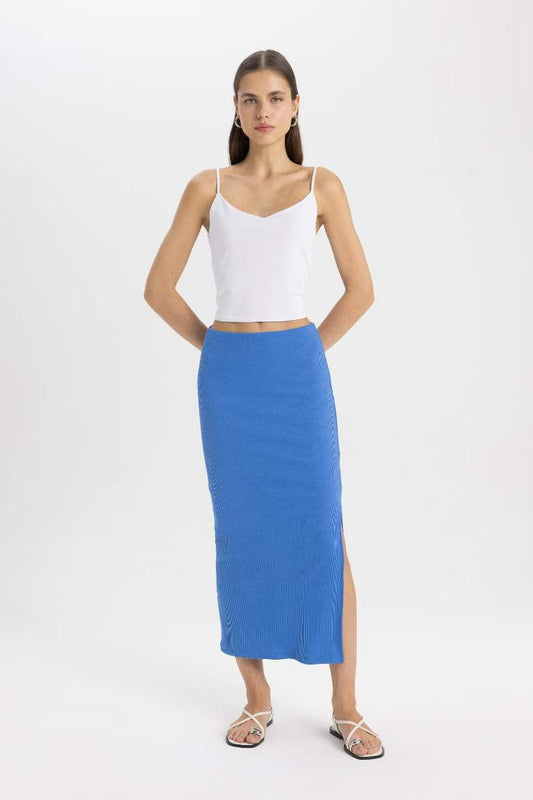 High Waist Combed Cotton Lining Ribbed Midi Skirt - - Blue