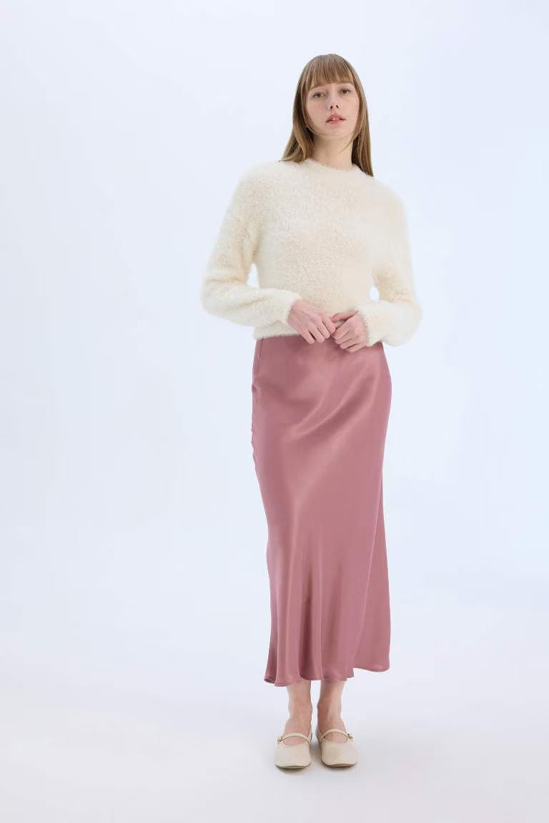 A Cut Satin Normal Waist Midi Skirt - - Rose