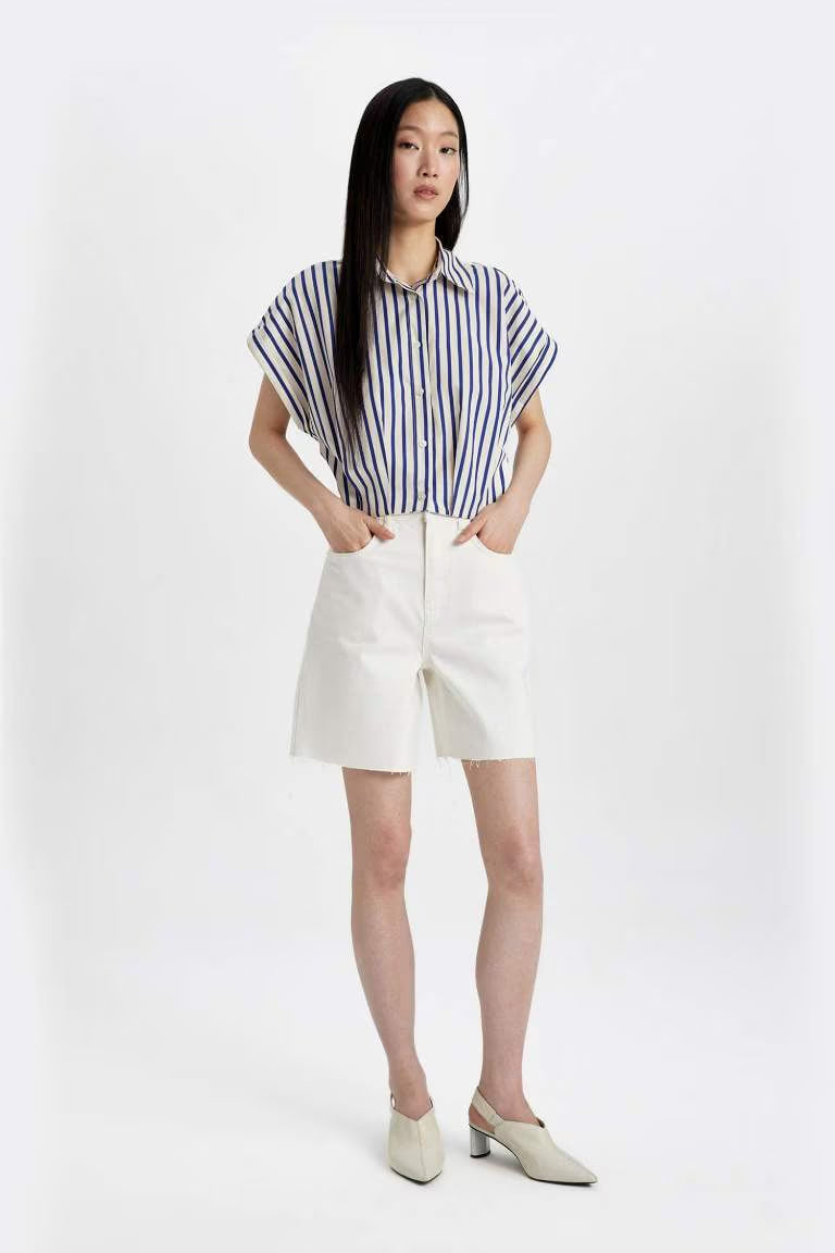 High Waist Denim Bermuda - -