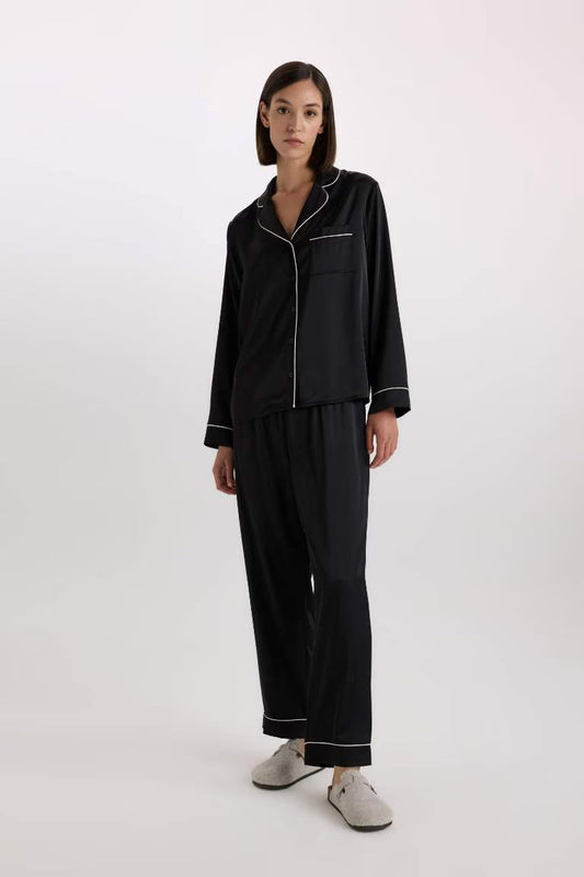 Fall in Love Regular Fit Long Sleeved 2 Piece Satin Set - -