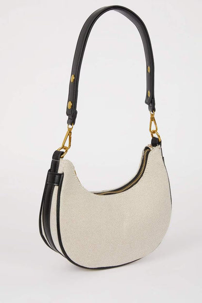 Woman Canvas Look Faux Leather Shoulder Bag - - Beige