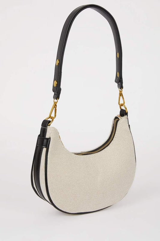 Woman Canvas Look Faux Leather Shoulder Bag - - Beige