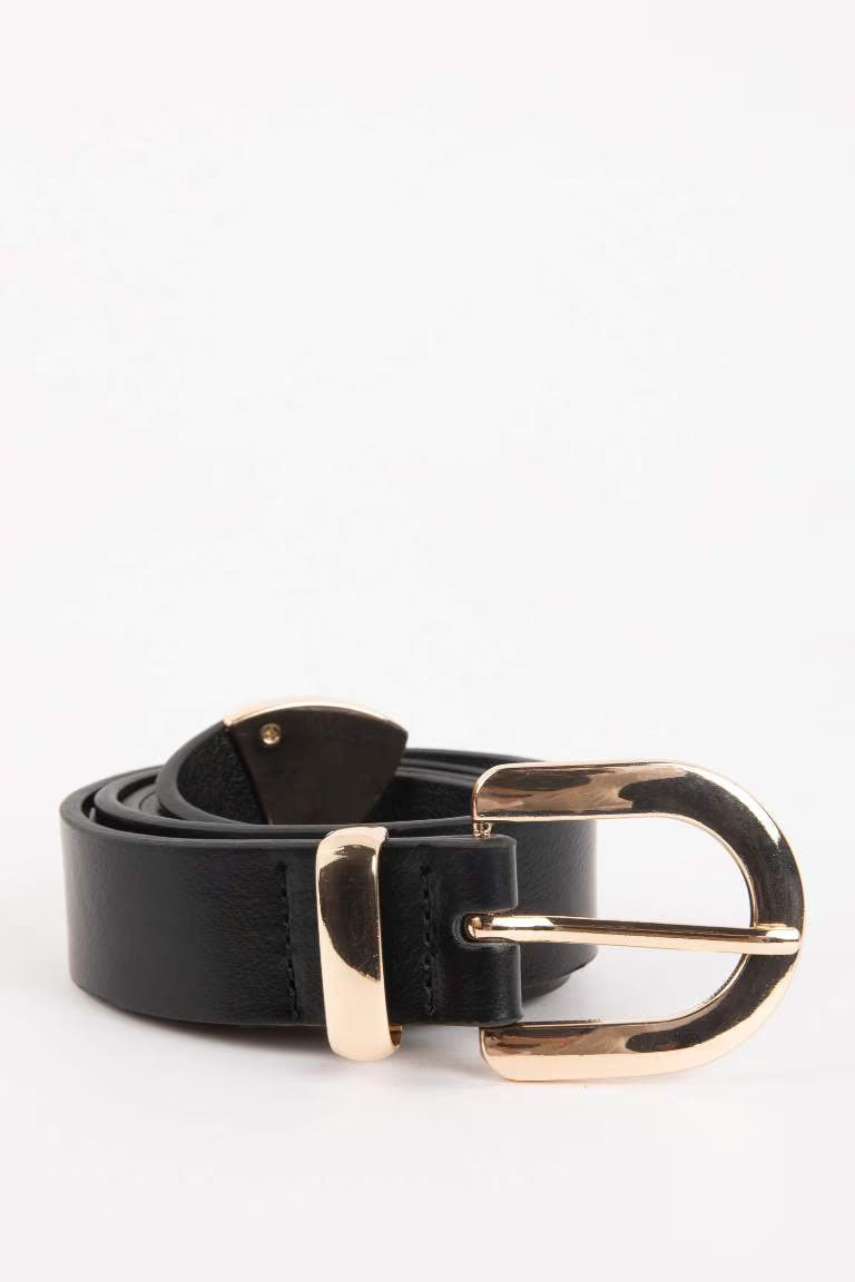 Woman Faux Leather Denim Belt - - Black