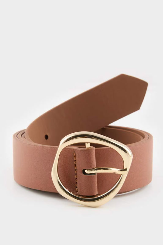 Woman Oval Buckle Faux Leather Denim Belt - - surrey tan
