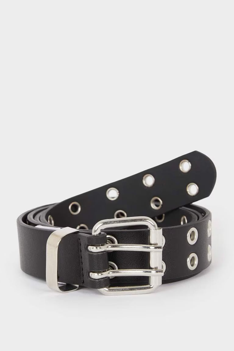 Woman Square Clasp Faux Leather Denim Belt - - Black