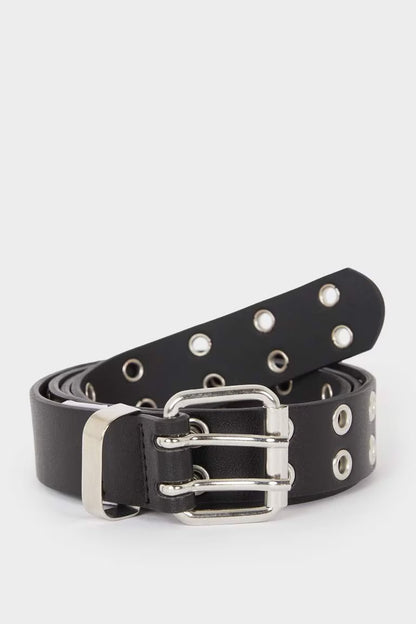 Woman Square Clasp Faux Leather Denim Belt - - Black