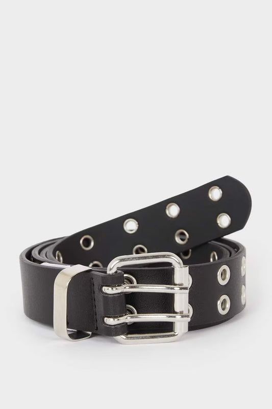 Woman Square Clasp Faux Leather Denim Belt - - Black