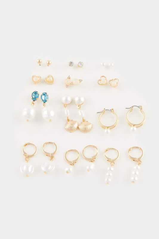 Woman 12 Piece Pearl Gold Earrings - - Gold