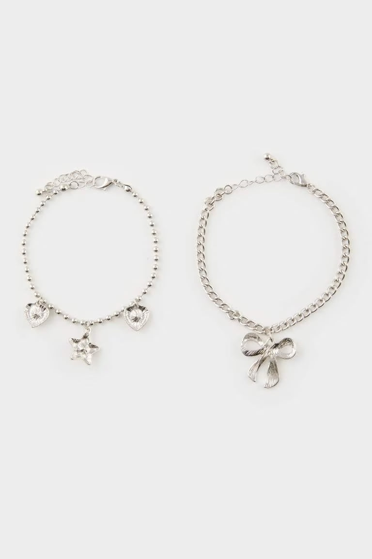 Woman Pink Stone 3 Piece Silver Bracelet - -