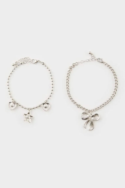Woman Pink Stone 3 Piece Silver Bracelet - -