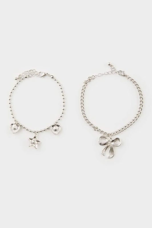Woman Pink Stone 3 Piece Silver Bracelet - -
