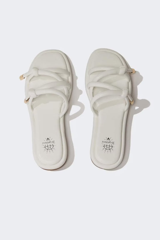 Woman Flat Base Faux Leather Slippers - - White