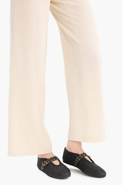 Woman Double Strap Straw Ballerina Flat Shoes - -