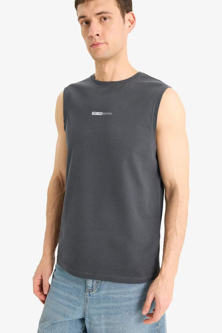 Cotton Regular Fit Printed Crew Neck Tank Top - - anthracite