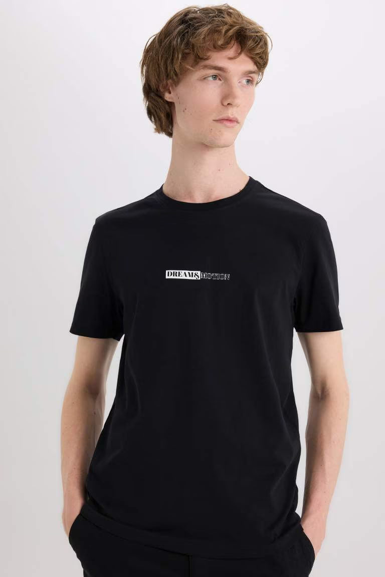 Cotton Slim Fit Crew Neck Printed T-Shirt - - Black