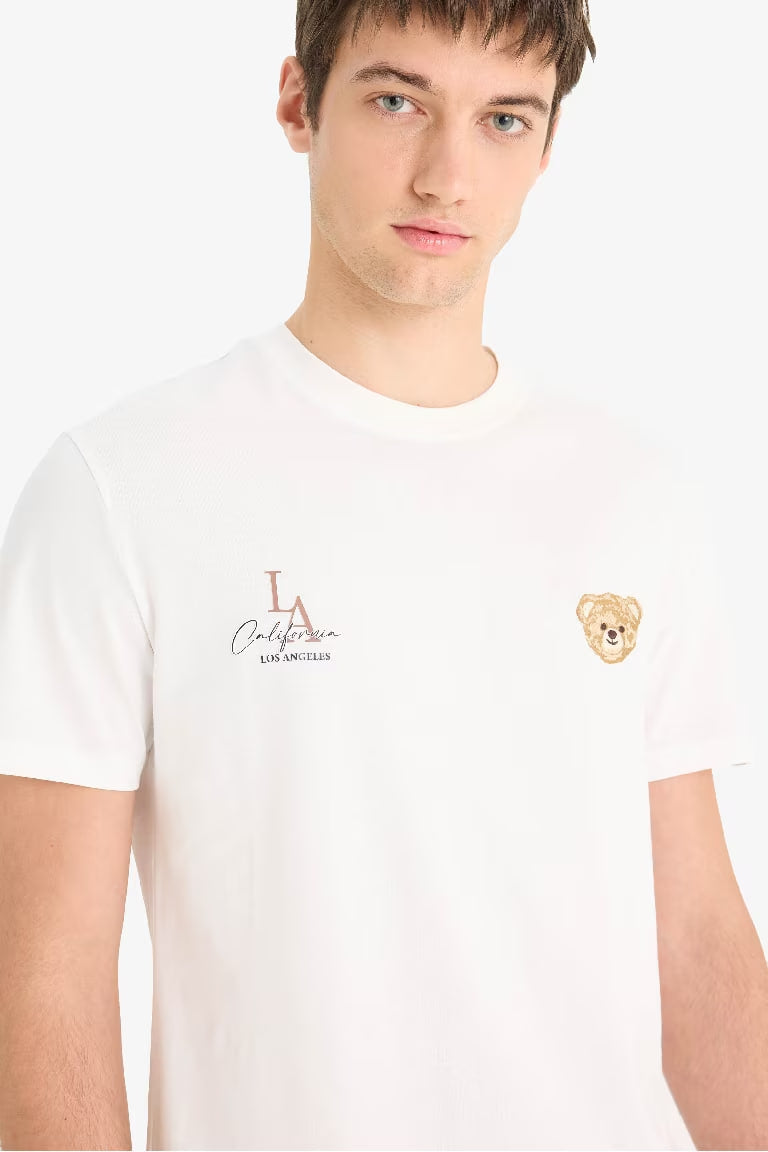 Cotton Regular Fit Crew Neck Printed T-Shirt - - Ecru