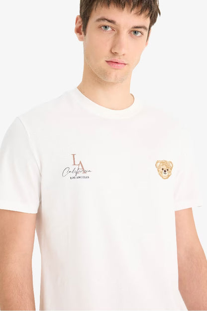 Cotton Regular Fit Crew Neck Printed T-Shirt - - Ecru