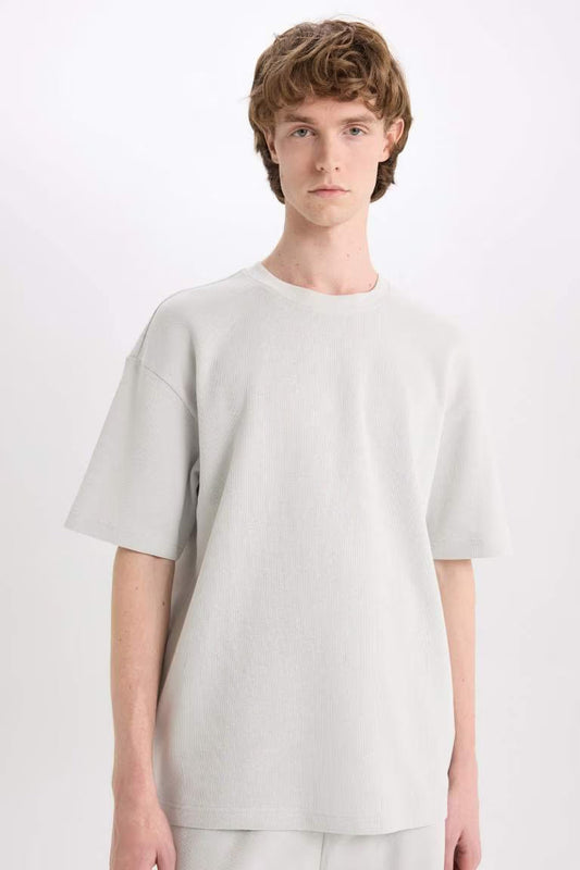 Cotton Boxy Fit Crew Neck Short Sleeve T-Shirt - - Heather