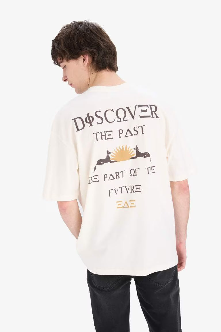 Oversize Fit Crew Neck Back Printed Short Sleeve T-Shirt - -
