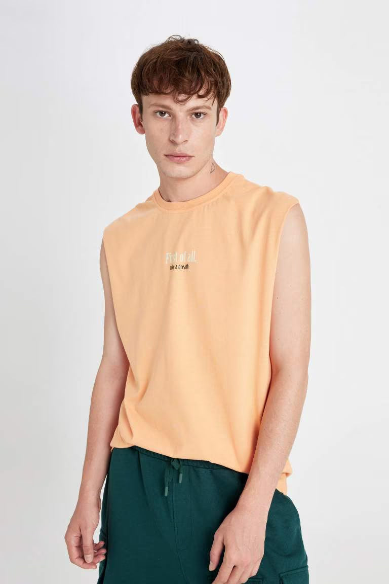 Boxy Fit Printed Sleeveless T-Shirt - - Salmon