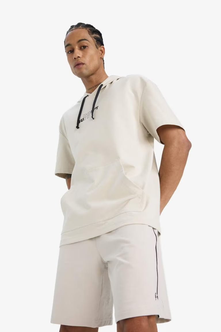 DeFactoFit Standard Fit Hooded Printed Sports T-Shirt - - stone