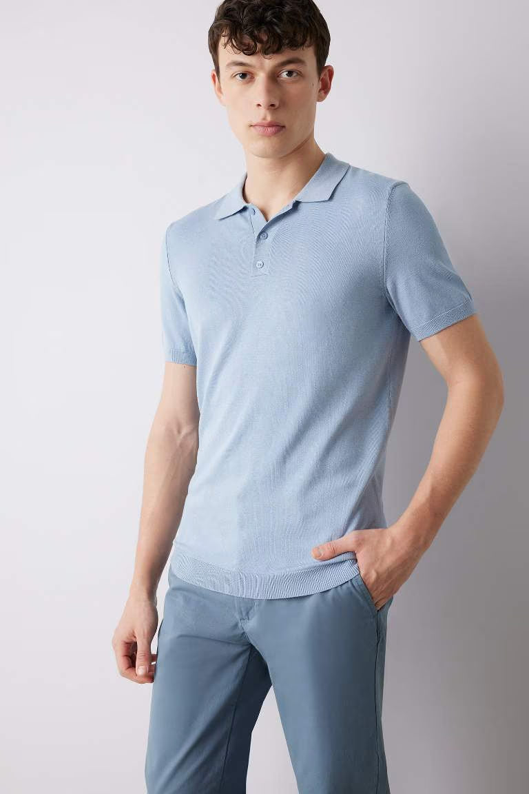 Standard Fit Short Sleeve Knitwear Polo T-Shirt - - Cornflower Blue