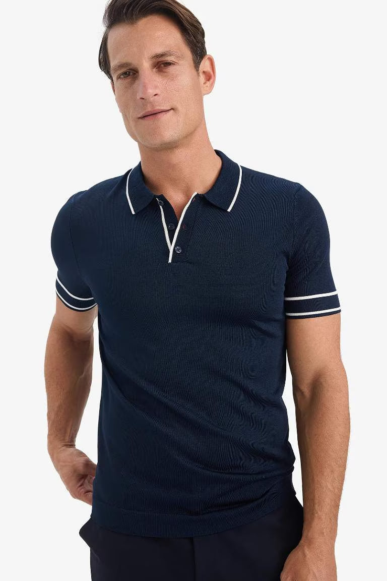 Standard Fit Short Sleeve Knitwear Polo T-Shirt - - Navy