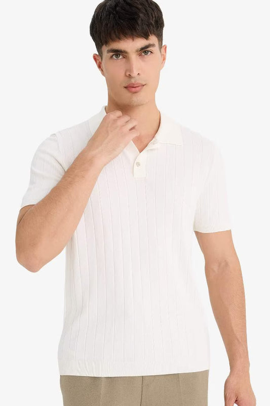 Standard Fit Short Sleeve Knitwear Polo T-Shirt - - Ecru