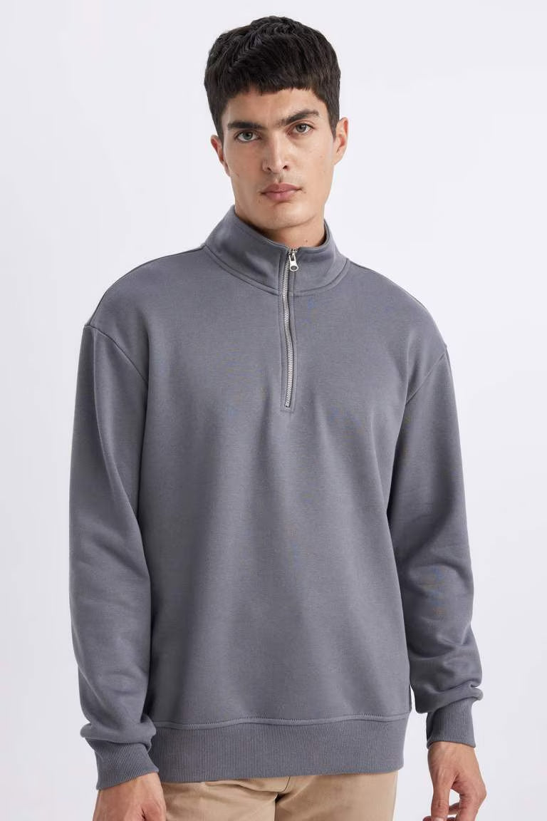 Comfort Regular Fit Relaxed Fit Zippered Basic Sweatshirt - - Gray