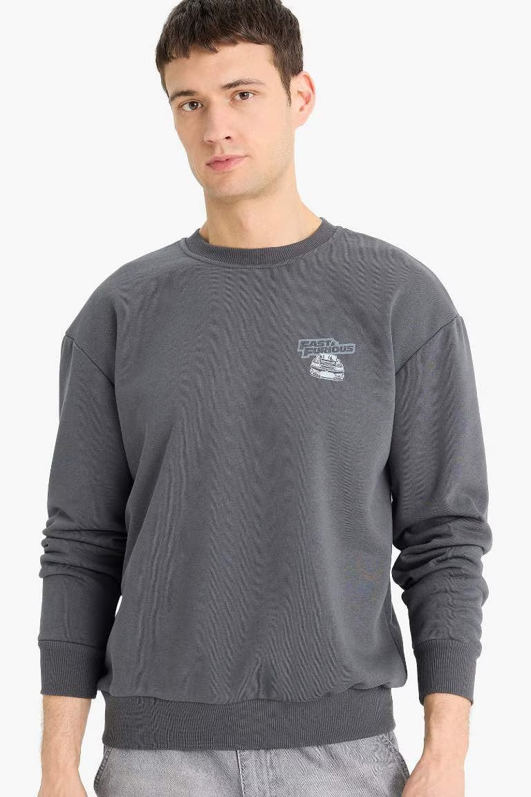Fast & Furious Boxy Fit Crew Neck Printed Thick Sweatshirt - - anthracite