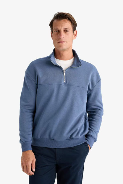 Relax Fit Stand Collar Zippered Basic Thick Sweatshirt - -