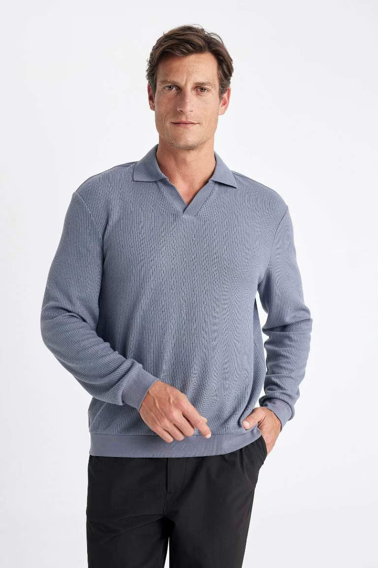 Regular Fit Polo Neck Jacquard Sweatshirt - - Cornflower Blue