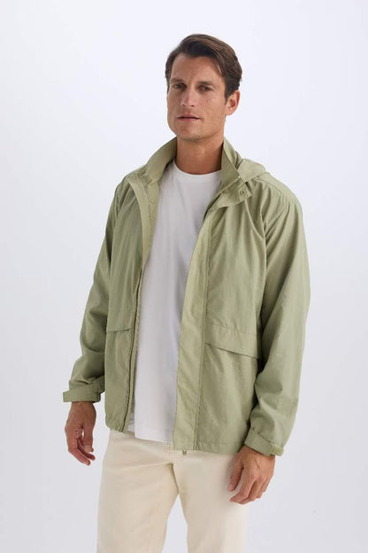 Regular Fit Hooded Zippered Raincoat - -
