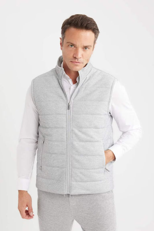 Slim Fit Stand Collar Zippered Puffer Vest - - Heather