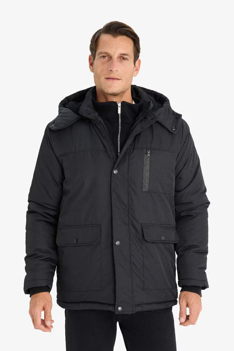 Water Repellent Regular Fit Fleece Lined Puffer Jacket - - Black
