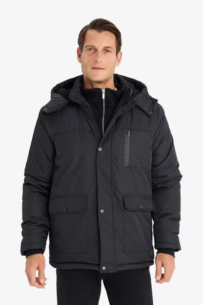 Water Repellent Regular Fit Fleece Lined Puffer Jacket - - Black