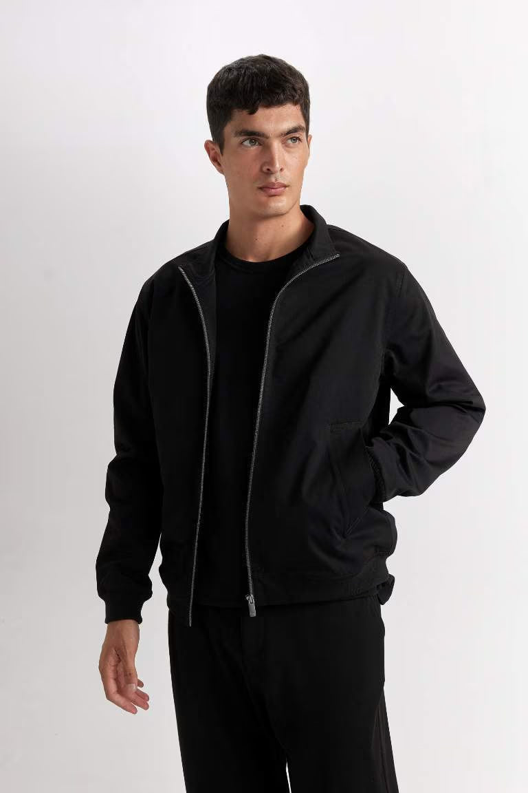 Slim Fit Stand Collar Zippered Jacket - - Black
